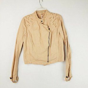 Free People Linen Blend Eyelet Cut Out Moto Jacket